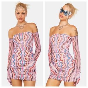 AFRM Danni Dress Multi Wave S Mesh Strapless Mini Ruched Stretchy Y2K